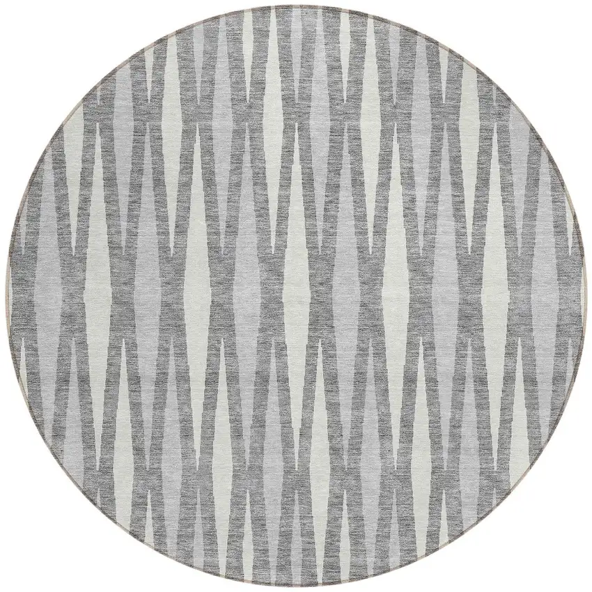 8' Gray And Ivory Round Geometric Washable Indoor Outdoor Area Rug Photo 5