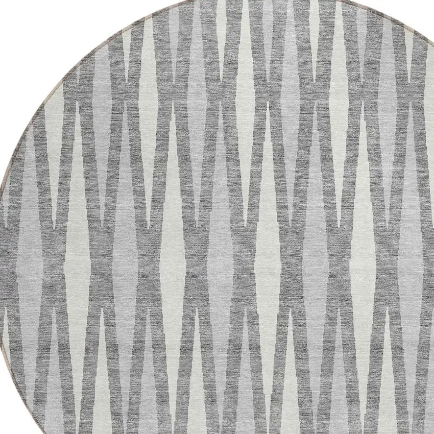 8' Gray And Ivory Round Geometric Washable Indoor Outdoor Area Rug Photo 4