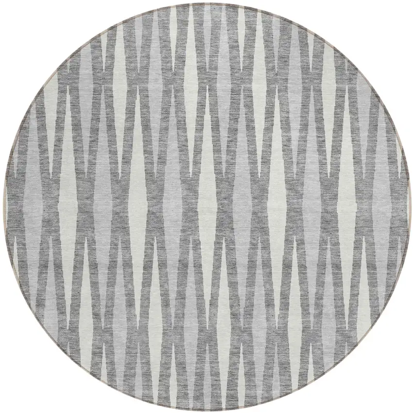 8' Gray And Ivory Round Geometric Washable Indoor Outdoor Area Rug Photo 2