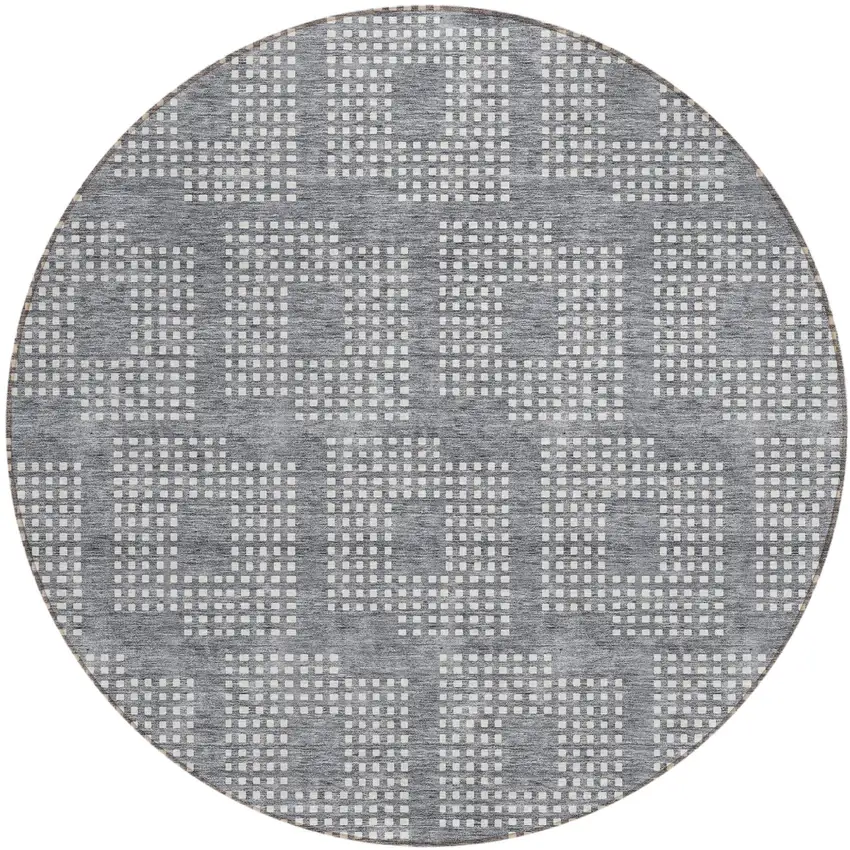 8' Gray And Ivory Round Geometric Washable Indoor Outdoor Area Rug Photo 2