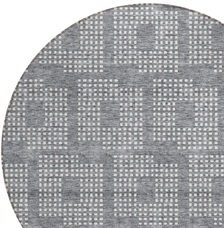 8' Gray And Ivory Round Geometric Washable Indoor Outdoor Area Rug Photo 4