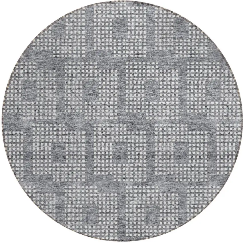 8' Gray And Ivory Round Geometric Washable Indoor Outdoor Area Rug Photo 5