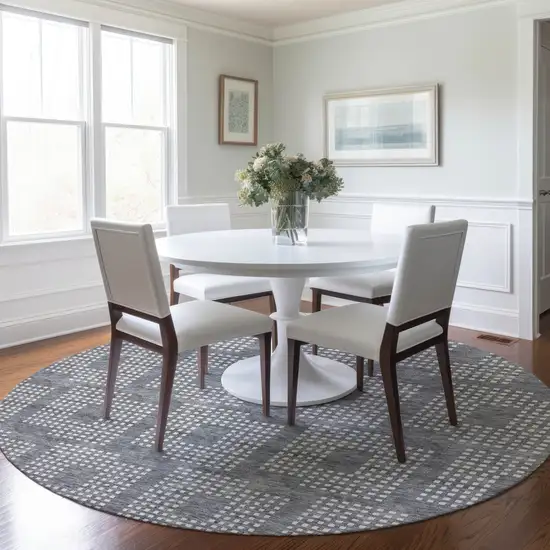 8' Gray And Ivory Round Geometric Washable Indoor Outdoor Area Rug Photo 7