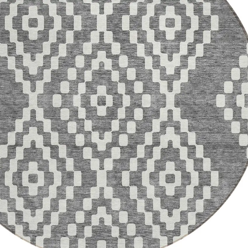 8' Gray And Ivory Round Geometric Washable Indoor Outdoor Area Rug Photo 5