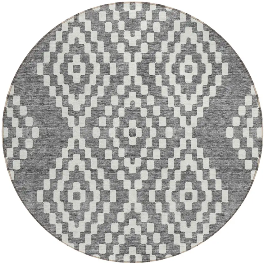 8' Gray And Ivory Round Geometric Washable Indoor Outdoor Area Rug Photo 2