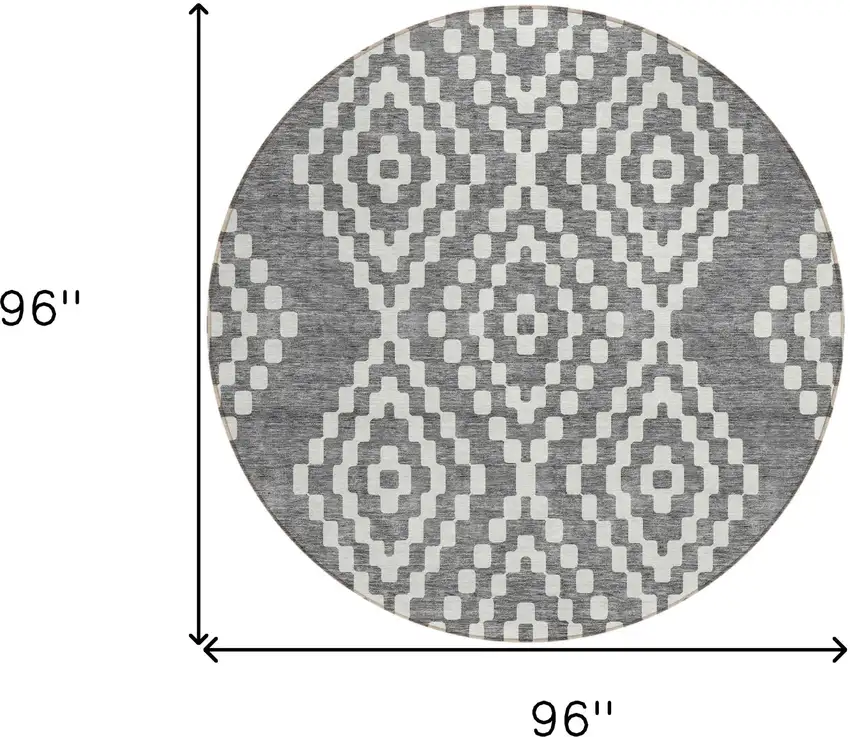 8' Gray And Ivory Round Geometric Washable Indoor Outdoor Area Rug Photo 3