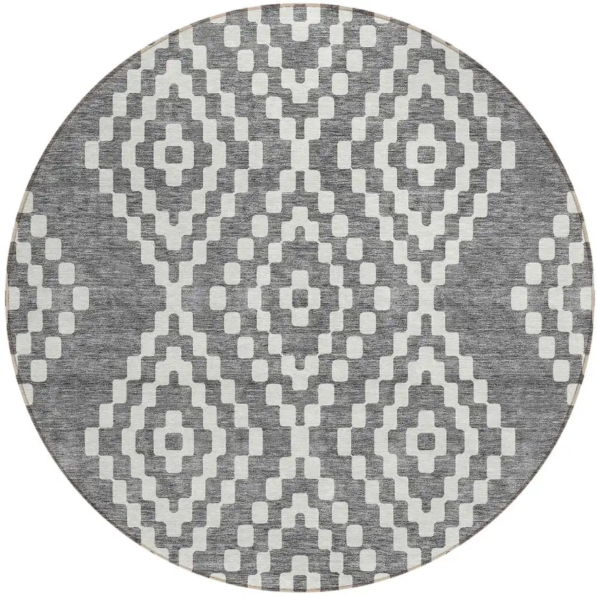 8' Gray And Ivory Round Geometric Washable Indoor Outdoor Area Rug Photo 6