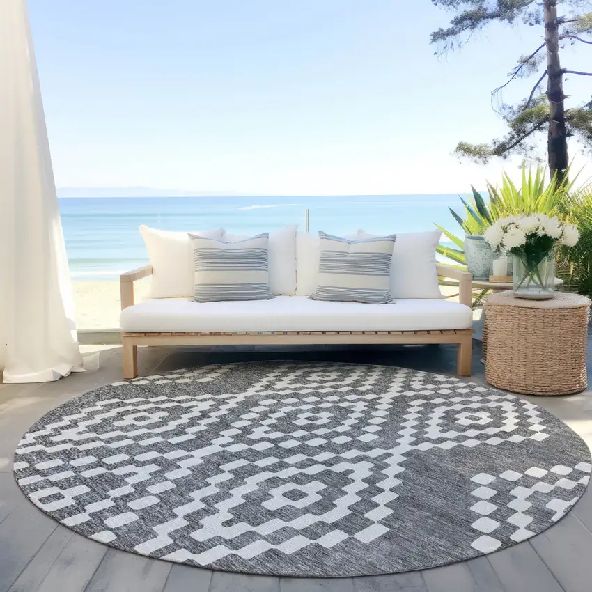 8' Gray And Ivory Round Geometric Washable Indoor Outdoor Area Rug Photo 7