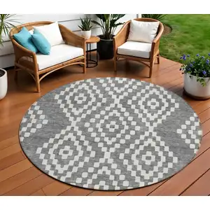 Photo of 8' Gray And Ivory Round Geometric Washable Indoor Outdoor Area Rug