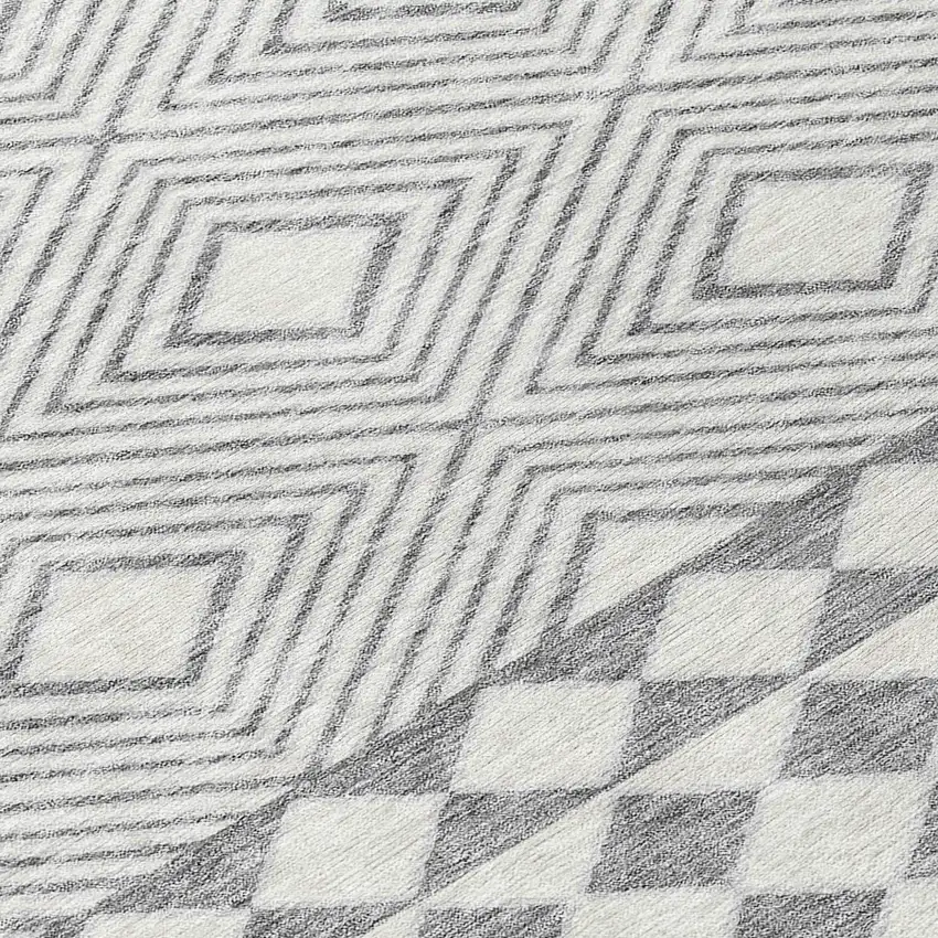 8' Gray And Ivory Round Geometric Washable Indoor Outdoor Area Rug Photo 7