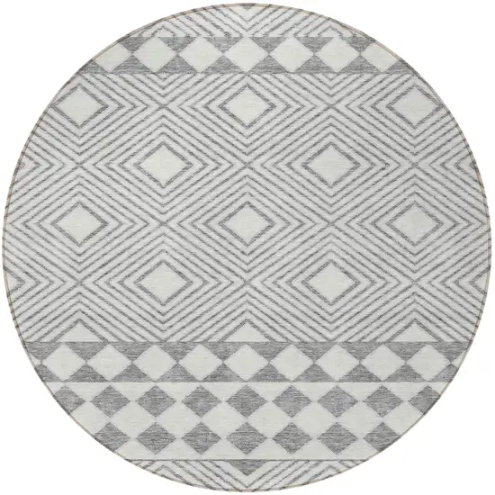8' Gray And Ivory Round Geometric Washable Indoor Outdoor Area Rug Photo 4