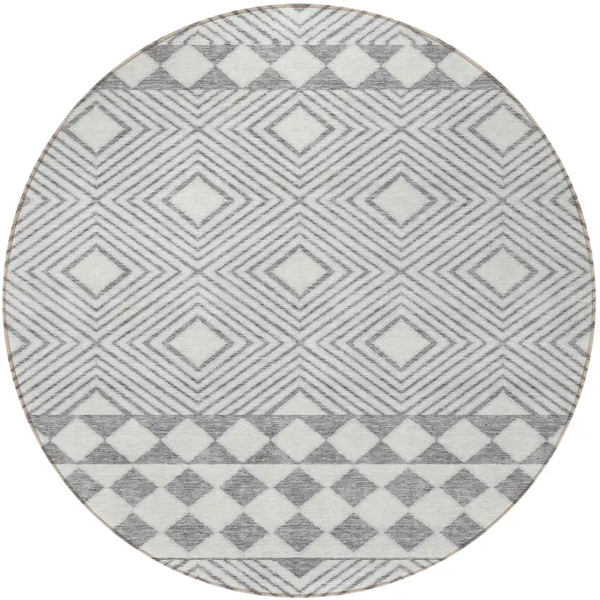 8' Gray And Ivory Round Geometric Washable Indoor Outdoor Area Rug Photo 4