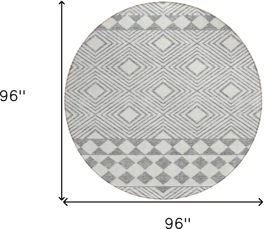 8' Gray And Ivory Round Geometric Washable Indoor Outdoor Area Rug Photo 3