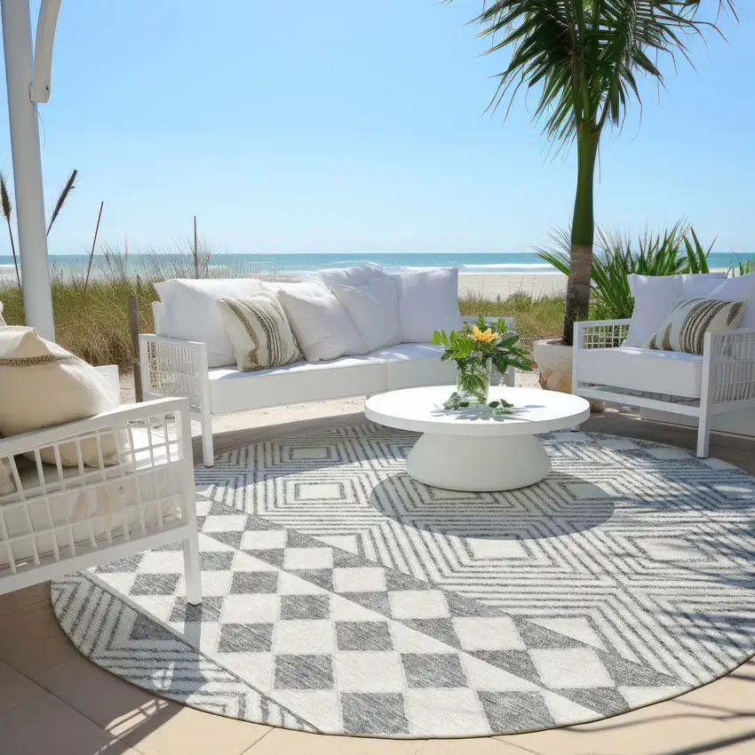 8' Gray And Ivory Round Geometric Washable Indoor Outdoor Area Rug Photo 5