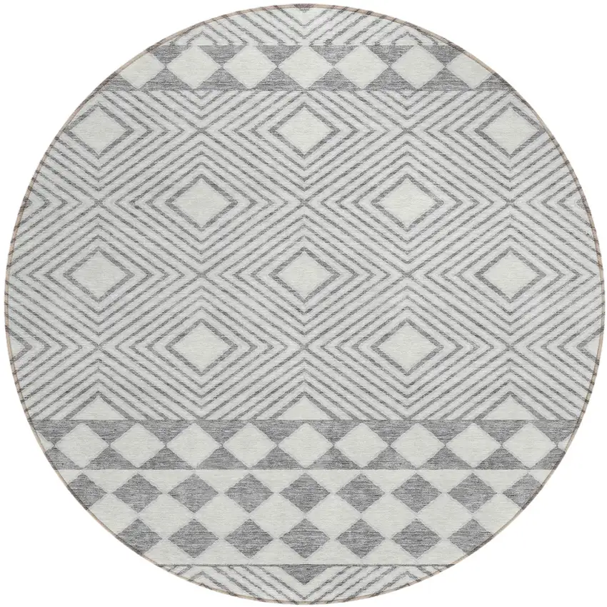 8' Gray And Ivory Round Geometric Washable Indoor Outdoor Area Rug Photo 2