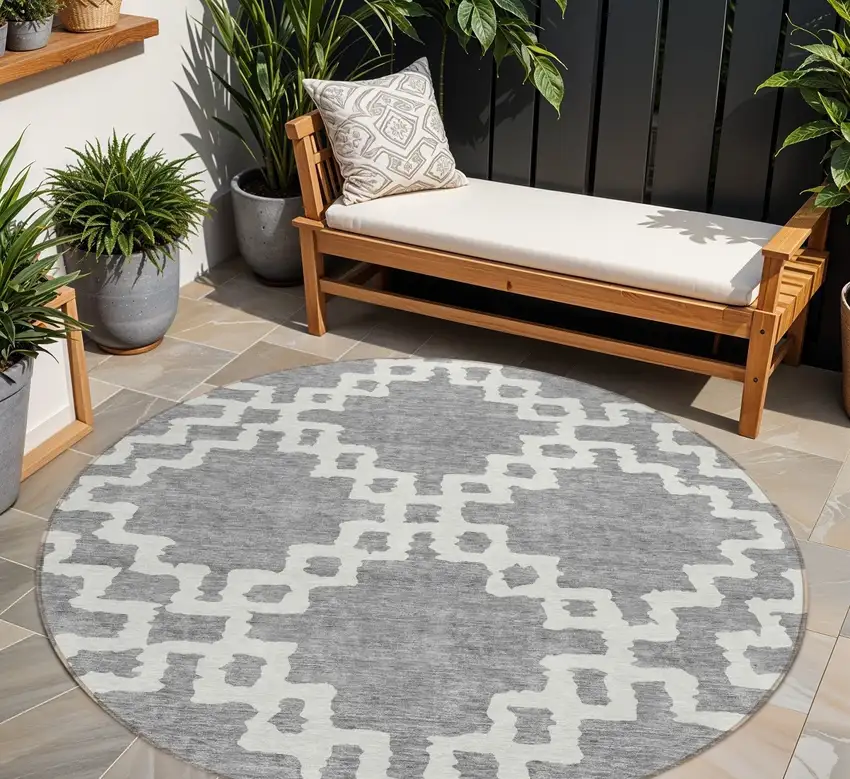 8' Gray And Ivory Round Geometric Washable Indoor Outdoor Area Rug Photo 1