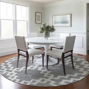Photo of 8' Gray And Ivory Round Geometric Washable Indoor Outdoor Area Rug