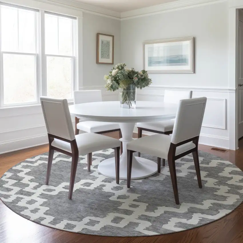 8' Gray And Ivory Round Geometric Washable Indoor Outdoor Area Rug Photo 7