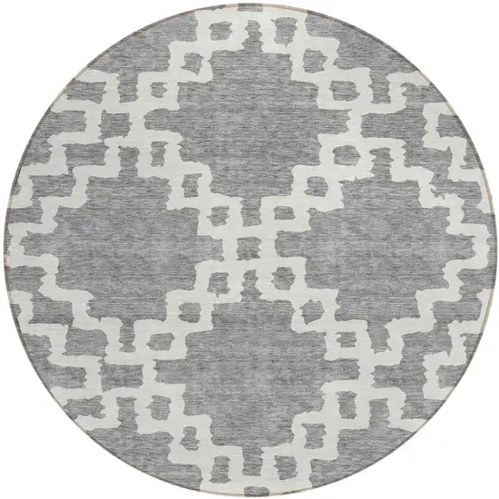 8' Gray And Ivory Round Geometric Washable Indoor Outdoor Area Rug Photo 2