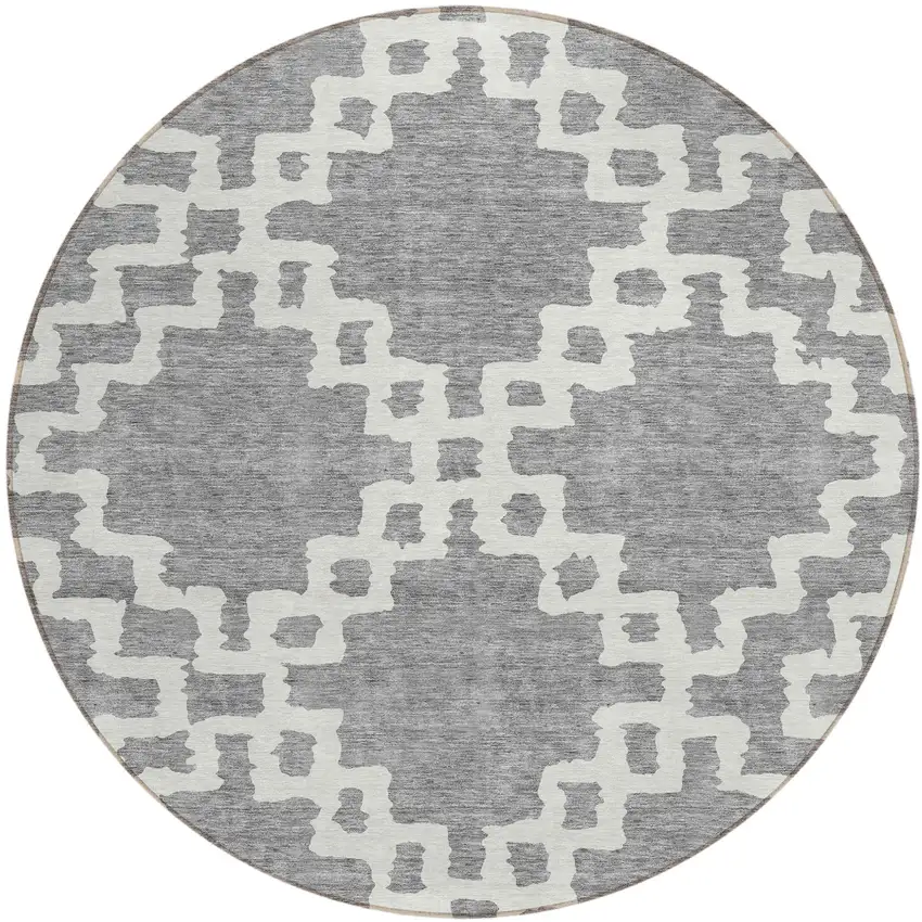 8' Gray And Ivory Round Geometric Washable Indoor Outdoor Area Rug Photo 2