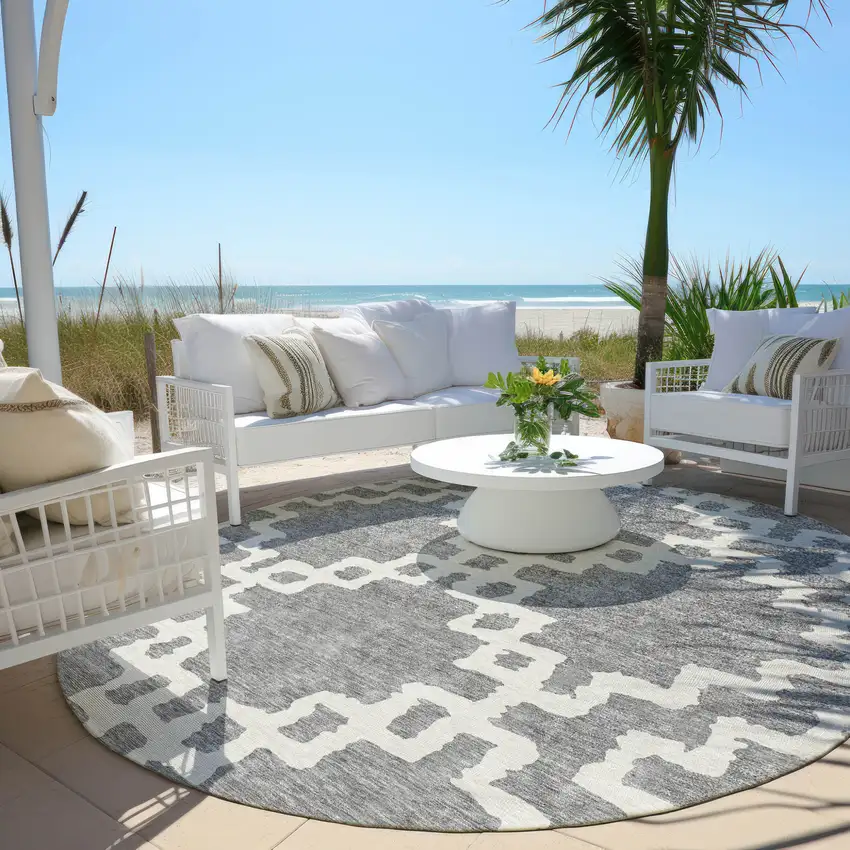 8' Gray And Ivory Round Geometric Washable Indoor Outdoor Area Rug Photo 6