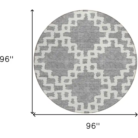 8' Gray And Ivory Round Geometric Washable Indoor Outdoor Area Rug Photo 3