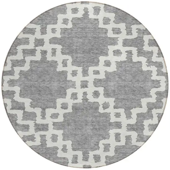 8' Gray And Ivory Round Geometric Washable Indoor Outdoor Area Rug Photo 5