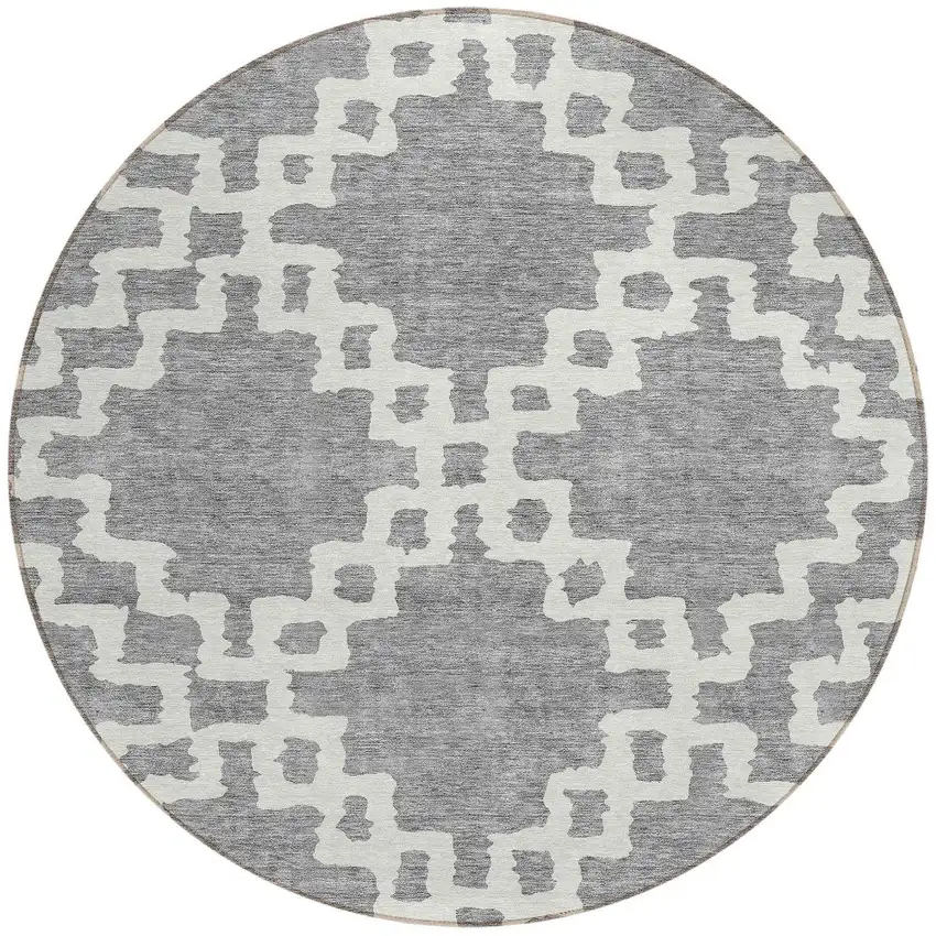 8' Gray And Ivory Round Geometric Washable Indoor Outdoor Area Rug Photo 5