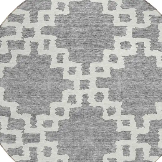 8' Gray And Ivory Round Geometric Washable Indoor Outdoor Area Rug Photo 4
