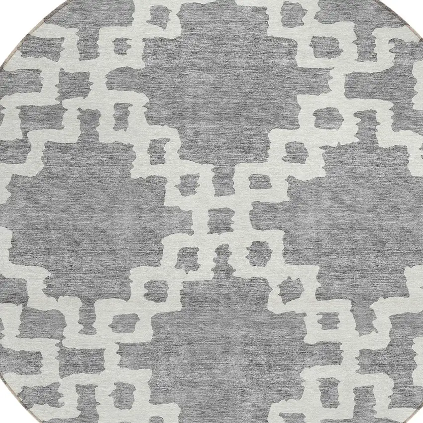 8' Gray And Ivory Round Geometric Washable Indoor Outdoor Area Rug Photo 4