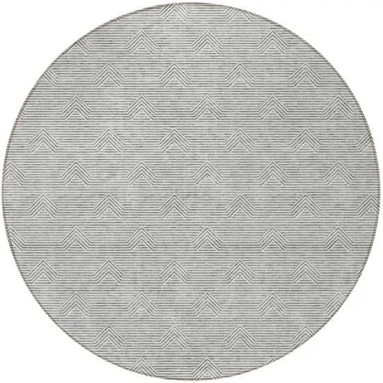 8' Gray And Ivory Round Geometric Washable Indoor Outdoor Area Rug Photo 5