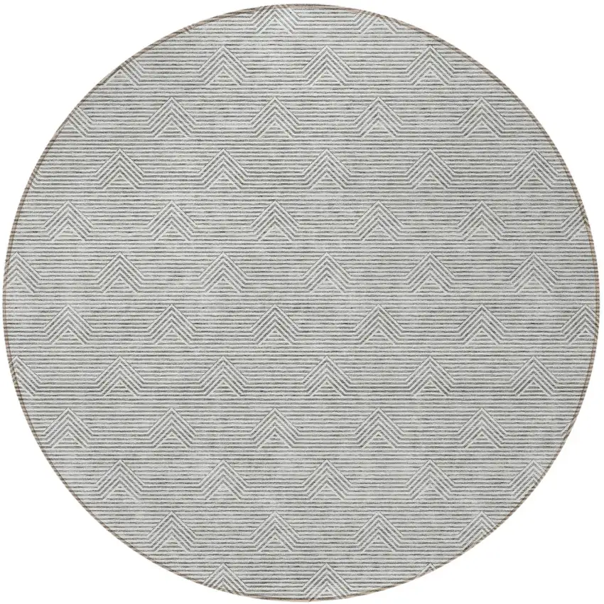 8' Gray And Ivory Round Geometric Washable Indoor Outdoor Area Rug Photo 5