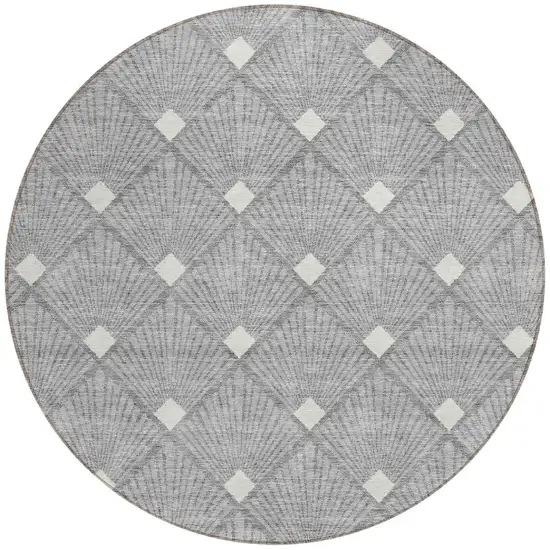8' Gray And Ivory Round Geometric Washable Indoor Outdoor Area Rug Photo 6