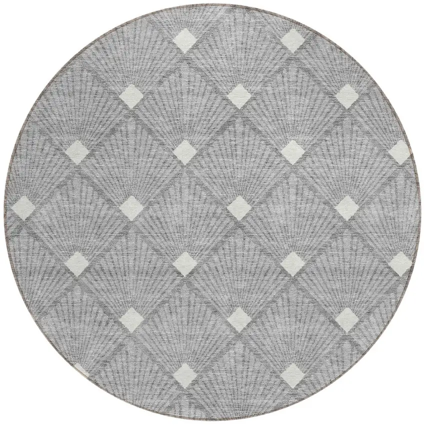 8' Gray And Ivory Round Geometric Washable Indoor Outdoor Area Rug Photo 6
