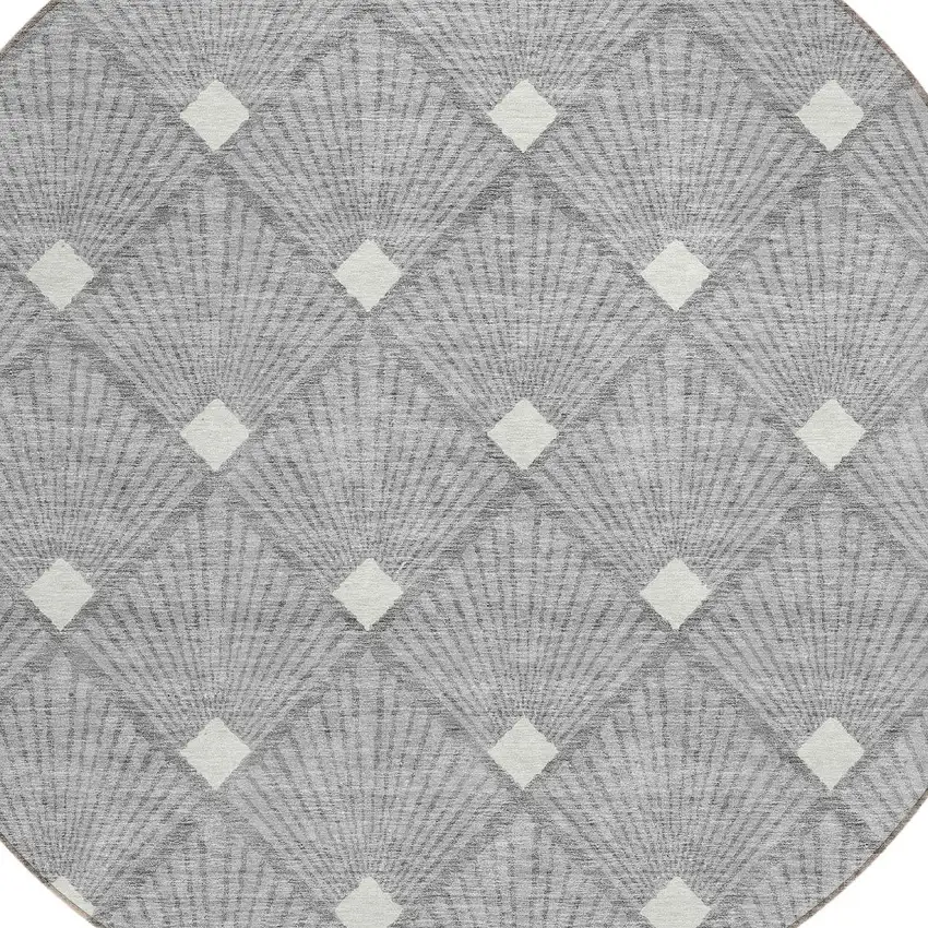 8' Gray And Ivory Round Geometric Washable Indoor Outdoor Area Rug Photo 5