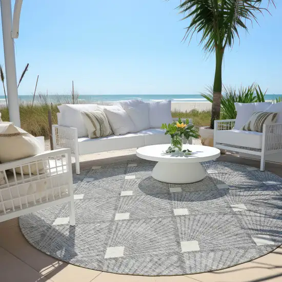 8' Gray And Ivory Round Geometric Washable Indoor Outdoor Area Rug Photo 7