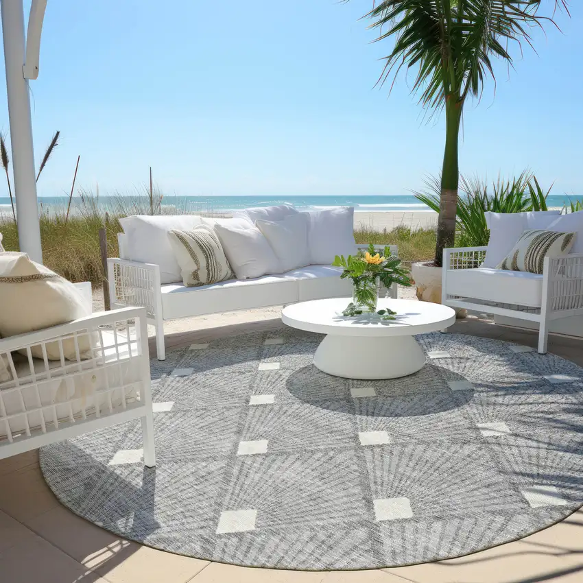 8' Gray And Ivory Round Geometric Washable Indoor Outdoor Area Rug Photo 7