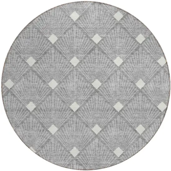 8' Gray And Ivory Round Geometric Washable Indoor Outdoor Area Rug Photo 2