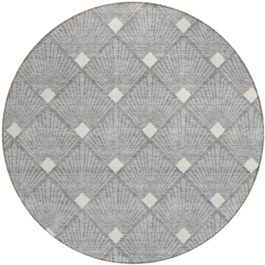 8' Gray And Ivory Round Geometric Washable Indoor Outdoor Area Rug Photo 2