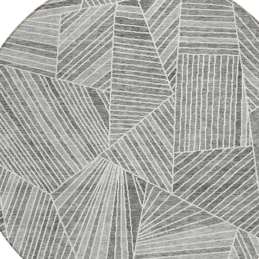 8' Gray And Ivory Round Geometric Washable Indoor Outdoor Area Rug Photo 5