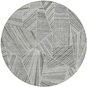 Photo of 8' Gray And Ivory Round Geometric Washable Indoor Outdoor Area Rug