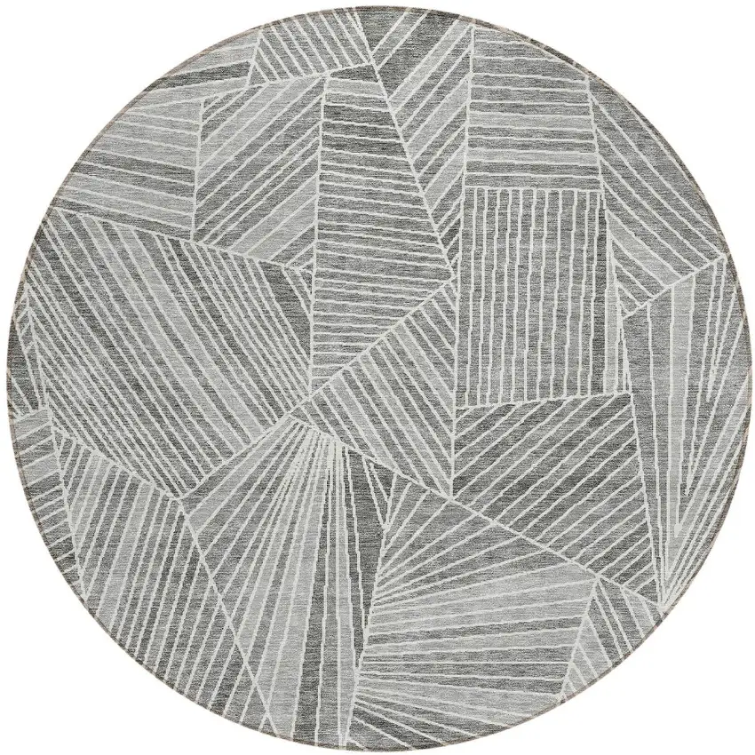 8' Gray And Ivory Round Geometric Washable Indoor Outdoor Area Rug Photo 6