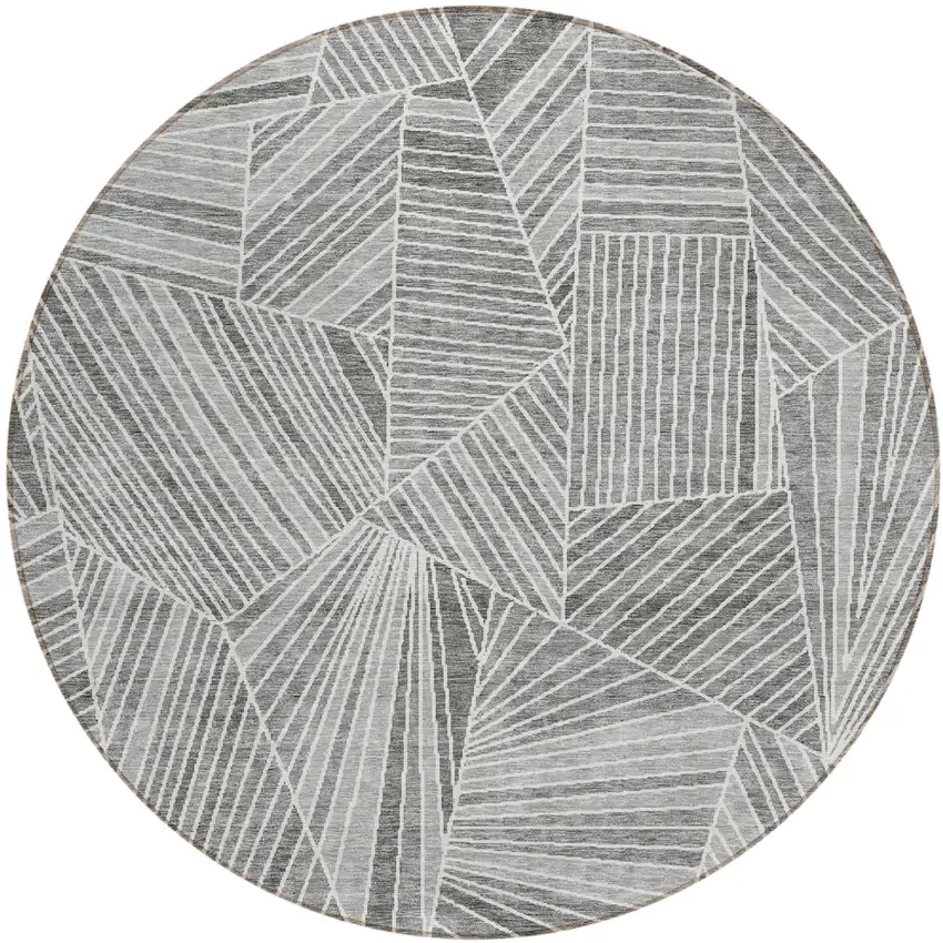8' Gray And Ivory Round Geometric Washable Indoor Outdoor Area Rug Photo 2