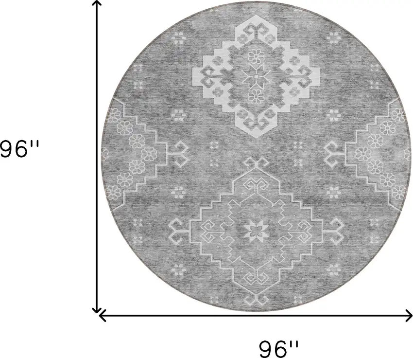 8' Gray And Ivory Round Medallion Washable Indoor Outdoor Area Rug Photo 3