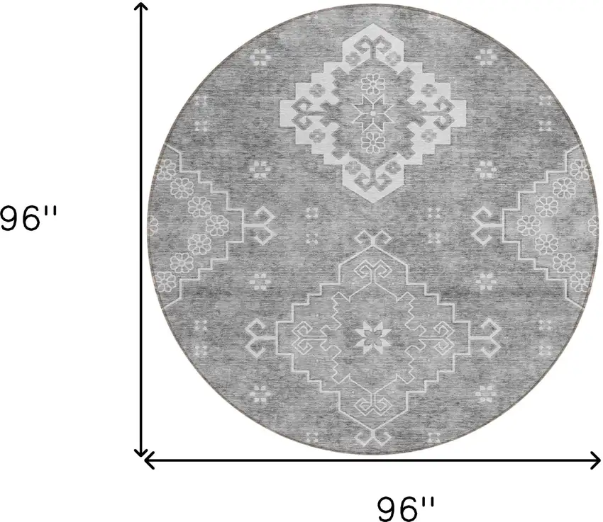 8' Gray And Ivory Round Medallion Washable Indoor Outdoor Area Rug Photo 3