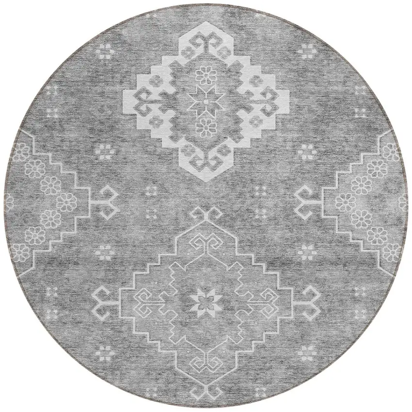 8' Gray And Ivory Round Medallion Washable Indoor Outdoor Area Rug Photo 5