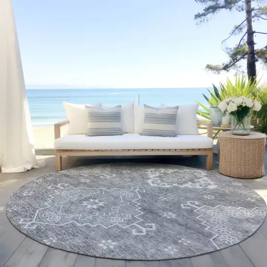 8' Gray And Ivory Round Medallion Washable Indoor Outdoor Area Rug Photo 6