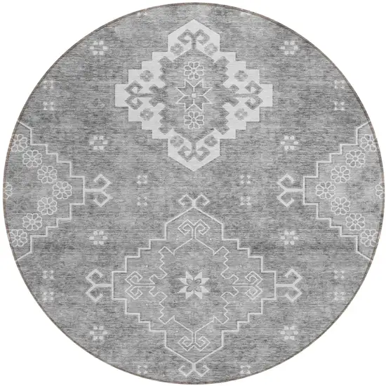 8' Gray And Ivory Round Medallion Washable Indoor Outdoor Area Rug Photo 2