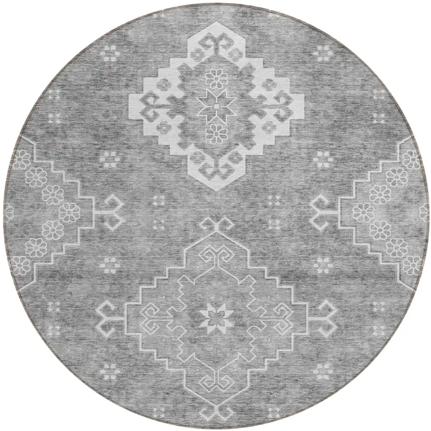 8' Gray And Ivory Round Medallion Washable Indoor Outdoor Area Rug Photo 2
