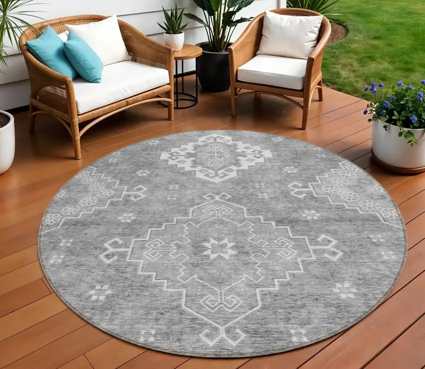 8' Gray And Ivory Round Medallion Washable Indoor Outdoor Area Rug Photo 1
